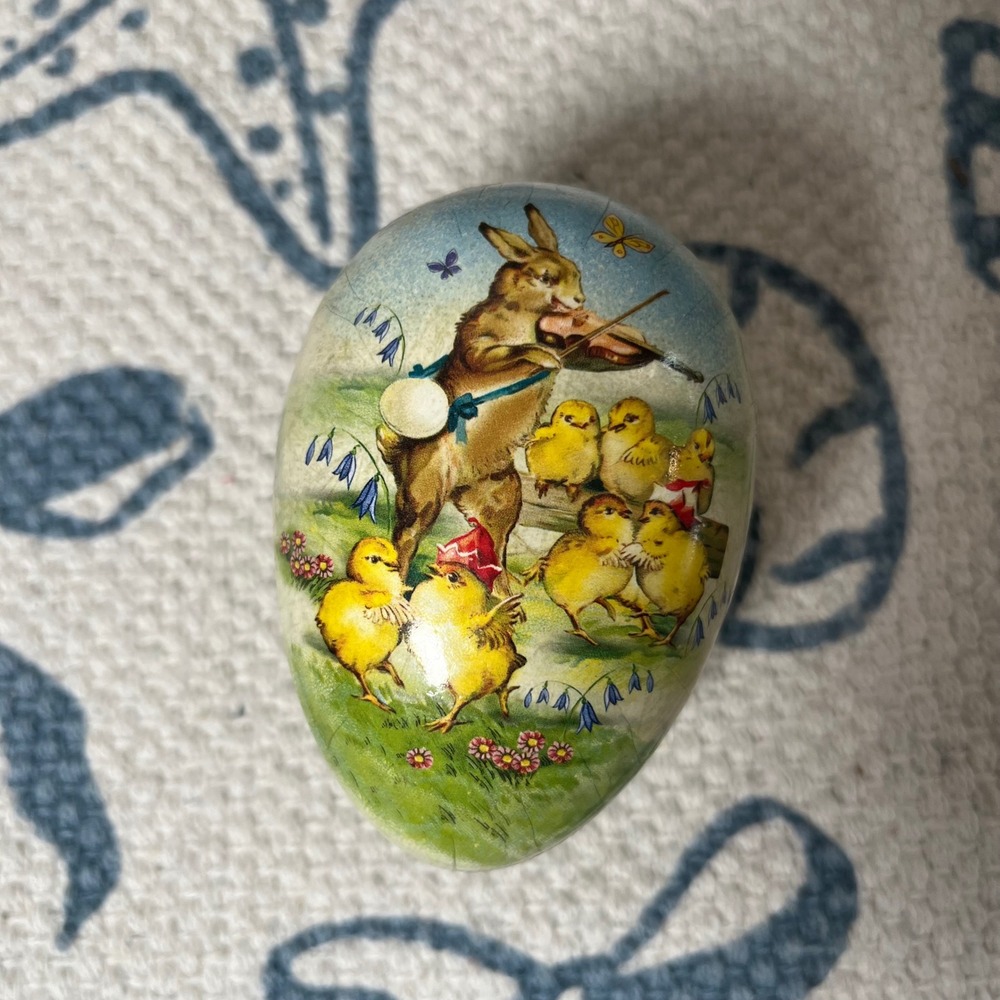 Vintage Nestler Germany paper mache Cardboard Easter Egg Bunny chicks 4.75" EUC